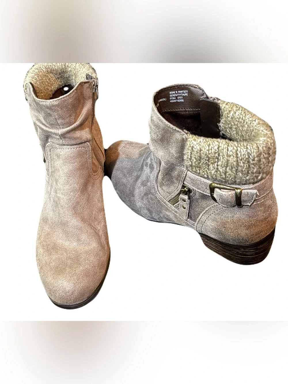 Croft and Barrow Serenity Taupe Suede Slouch Booties with Sweater Cuff.